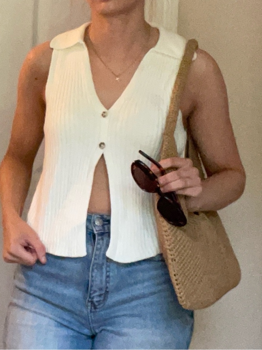 No Boundaries Cream Ribbed Collared Button Tank